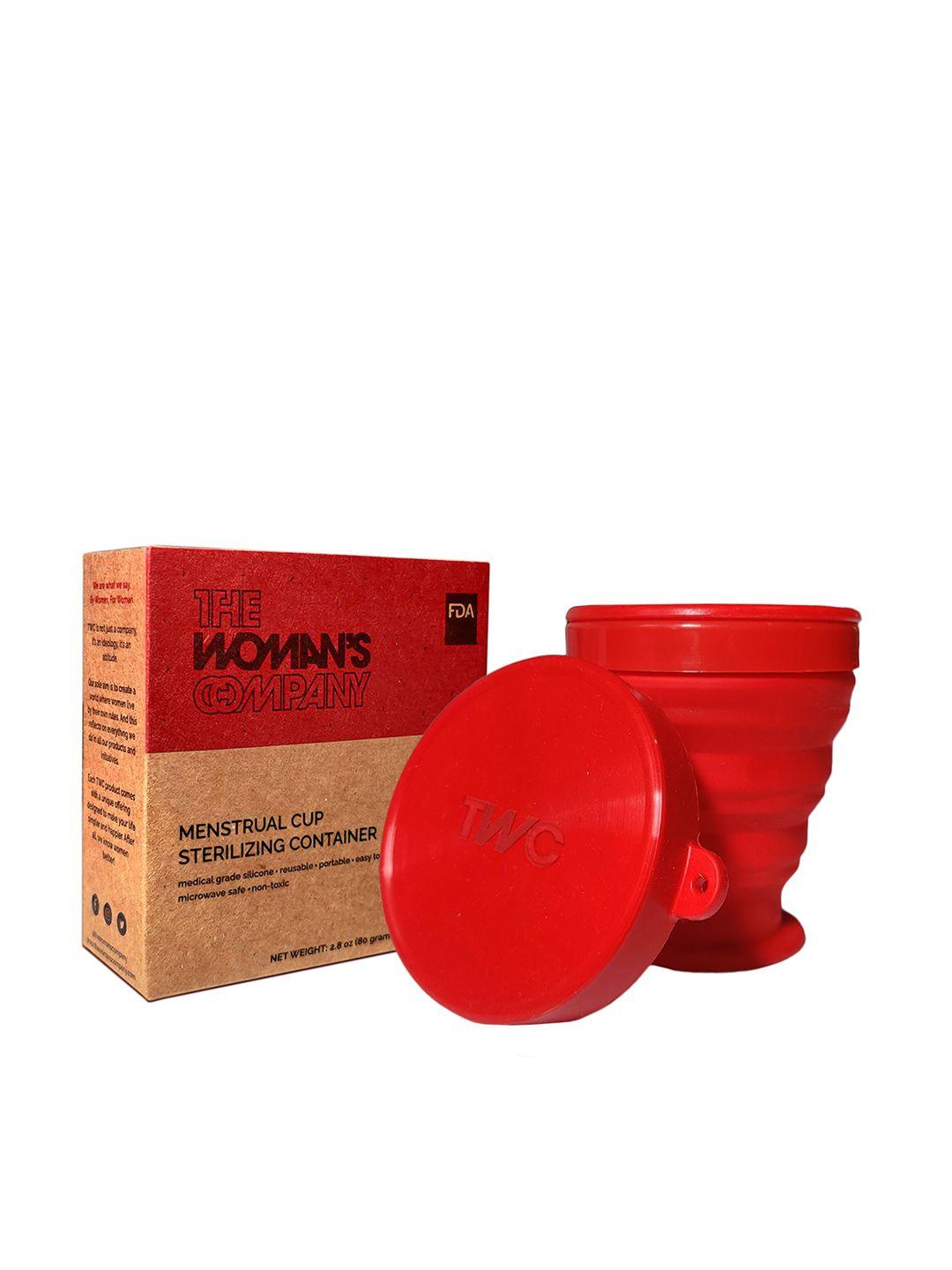 the woman's company red reuasable menstrual cup sterilizing container