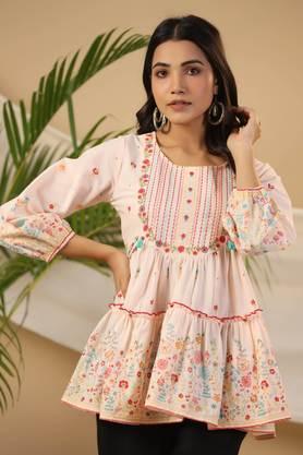 the wonderland women peach floral printed cotton peplum tunic with thread embroidery - peach