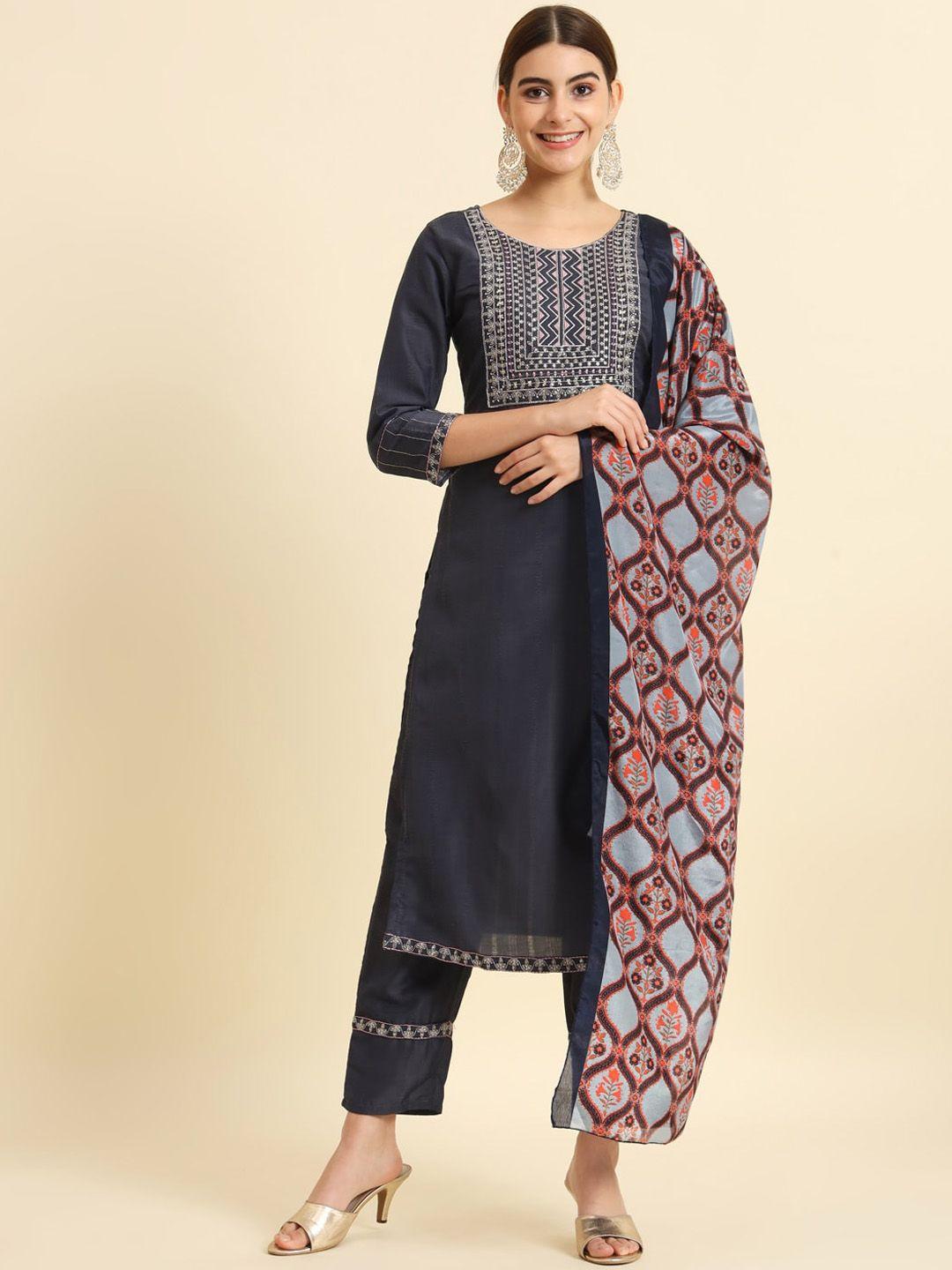 the52 ethnic yoke design pleated sequinned kurta with trousers & dupatta