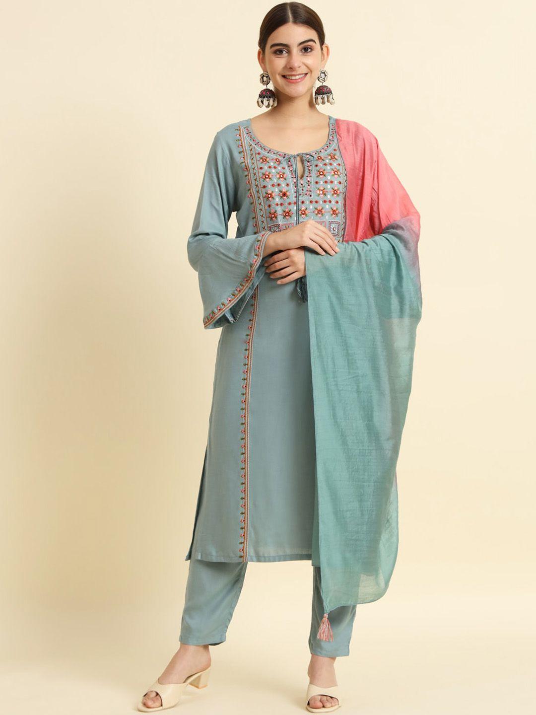 the52 floral embroidered regular thread work kurta with trousers & dupatta