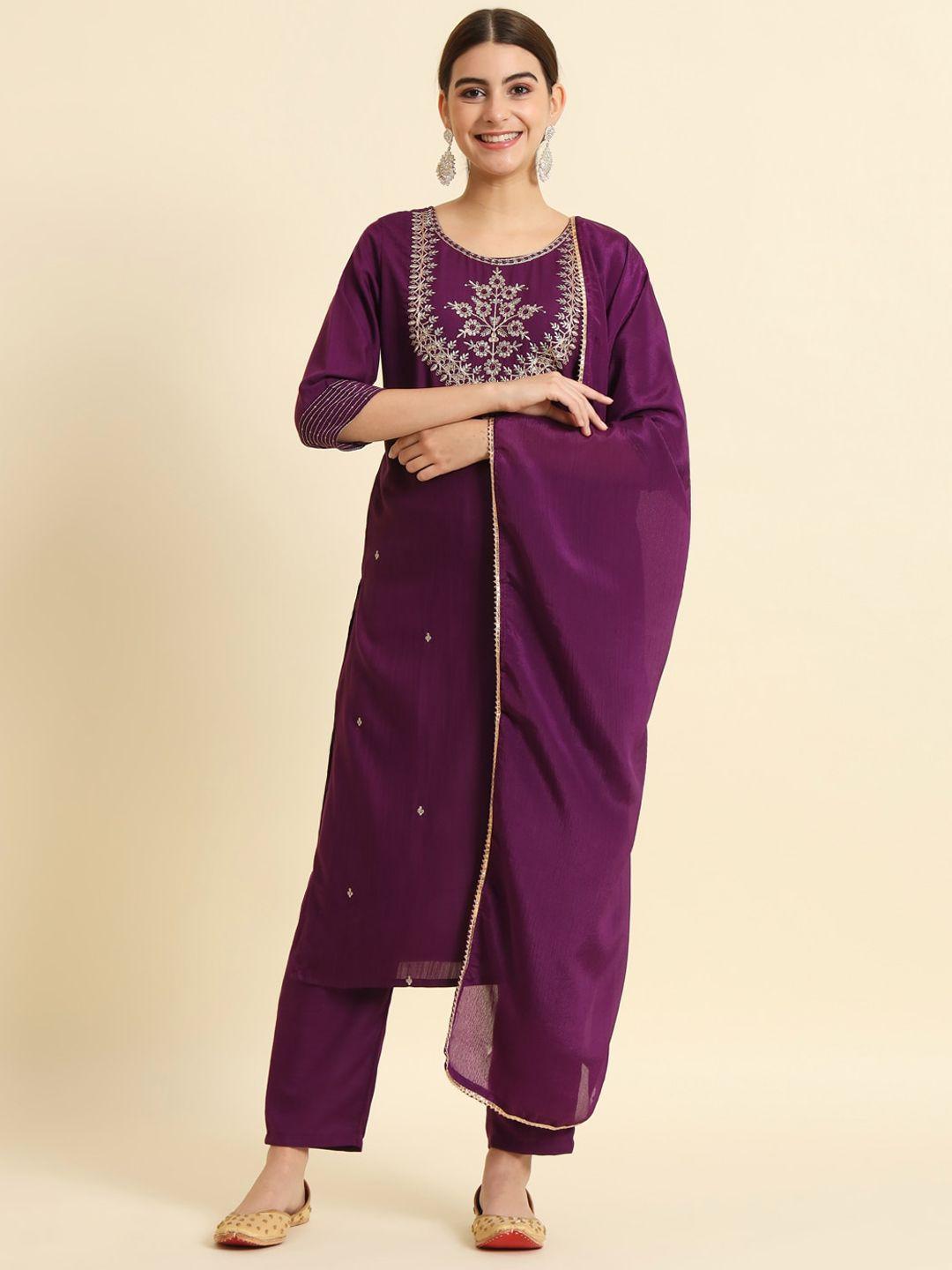 the52 floral embroidered regular thread work kurta with trousers & dupatta