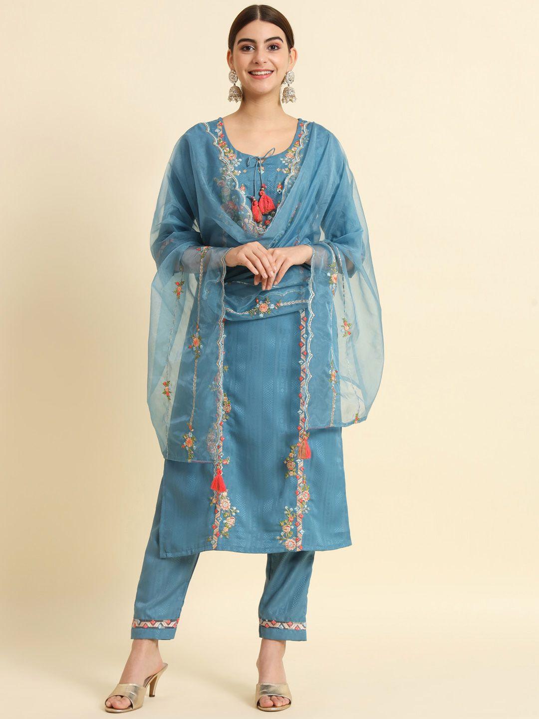 the52 floral embroidered regular thread work kurta with trousers & dupatta