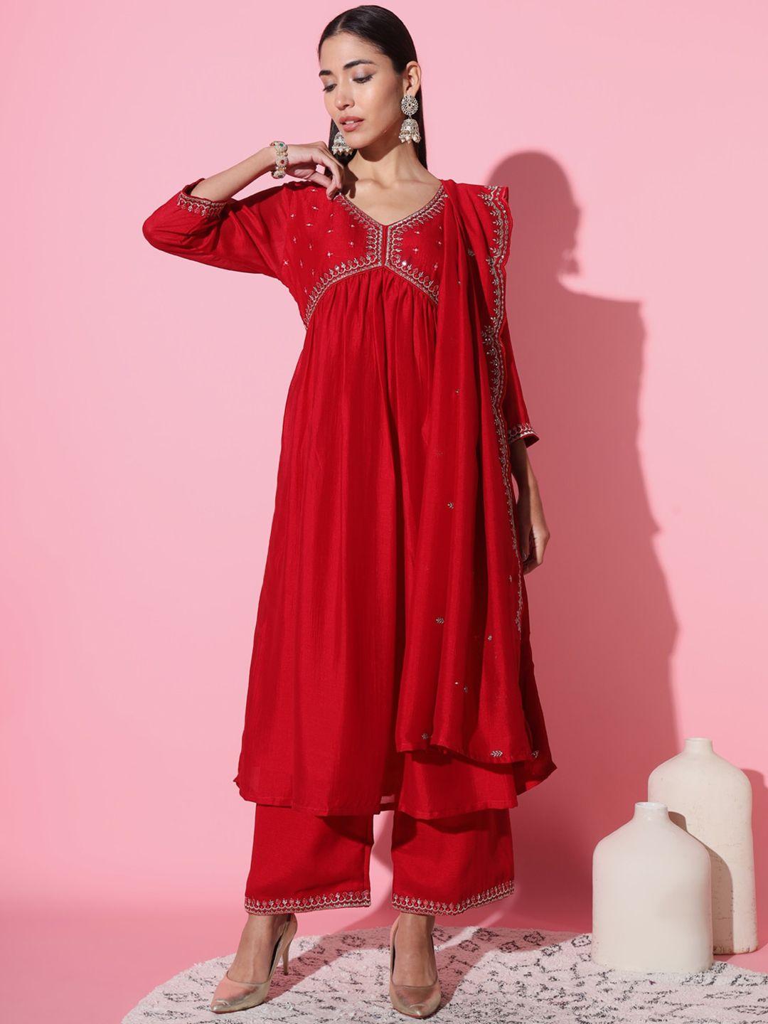 the52 floral embroidered v-neck flared sequinned a-line kurta with palazzos & dupatta