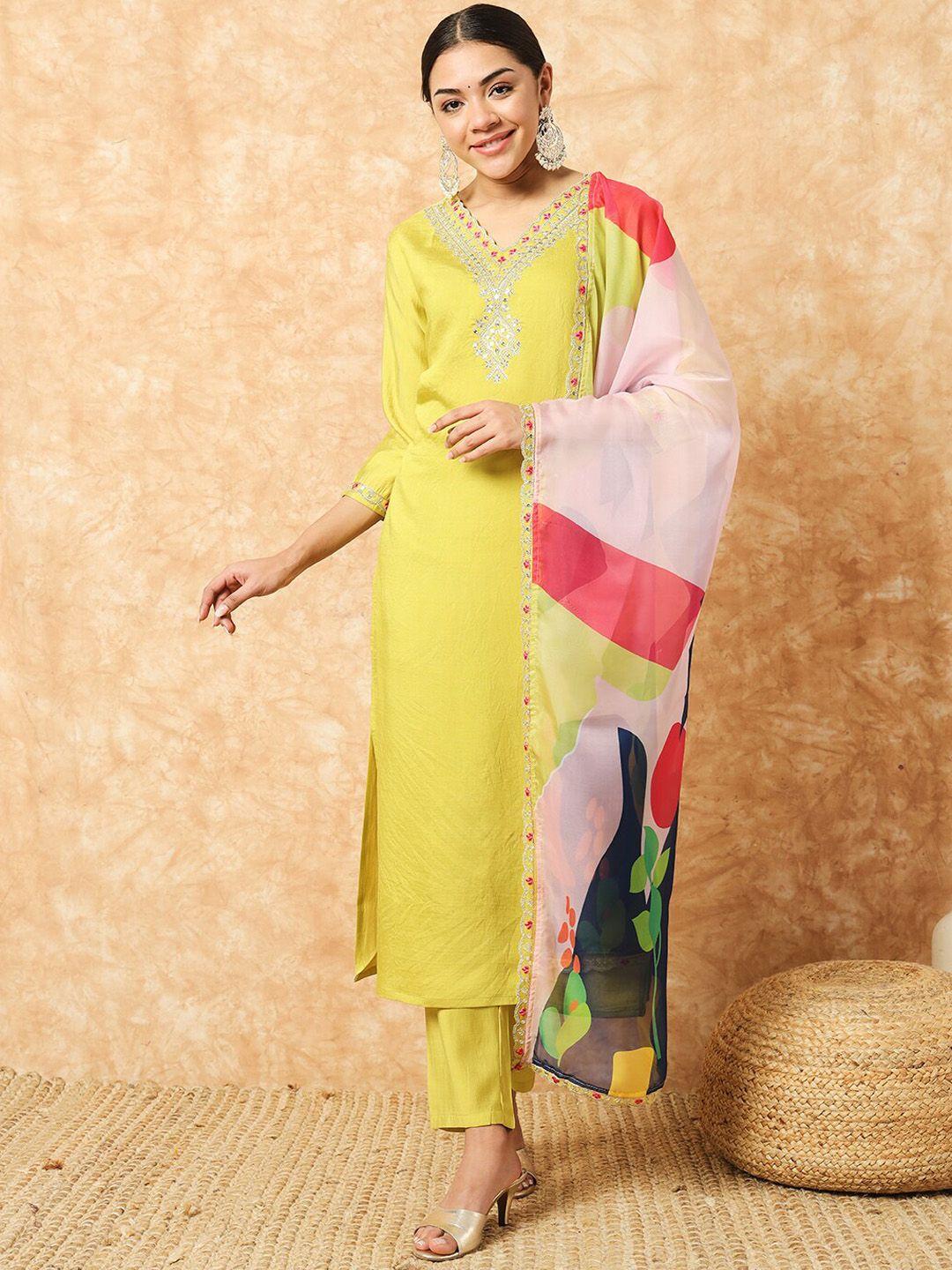 the52 floral embroidered v-neck thread work straight kurta with trousers & dupatta