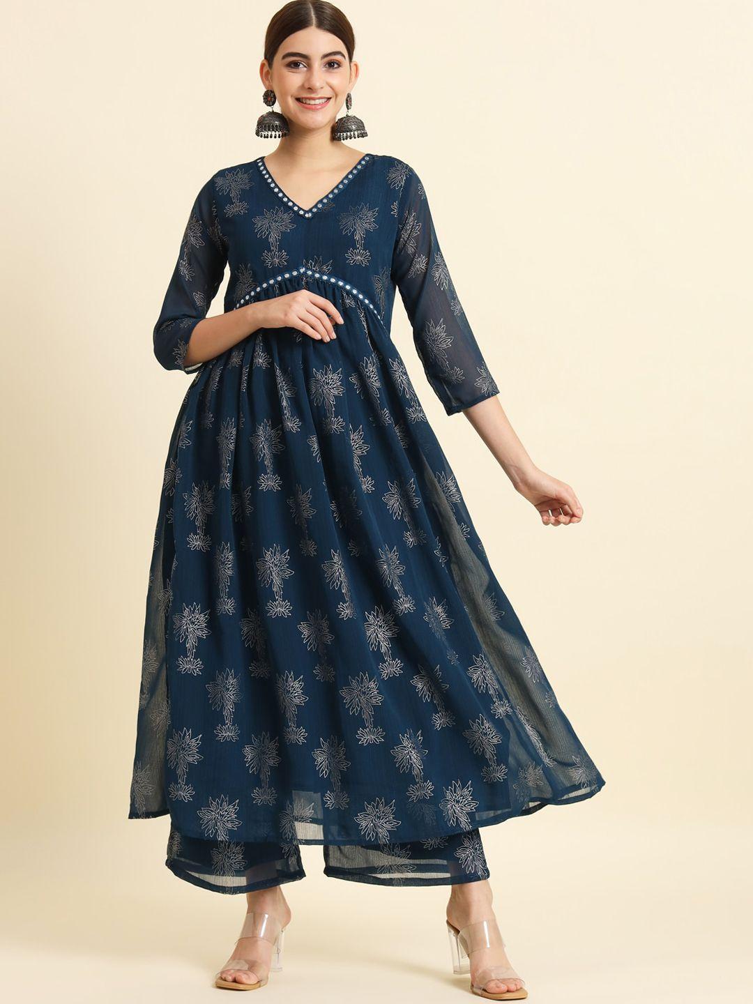 the52 floral printed thread work empire georgette kurta with palazzos