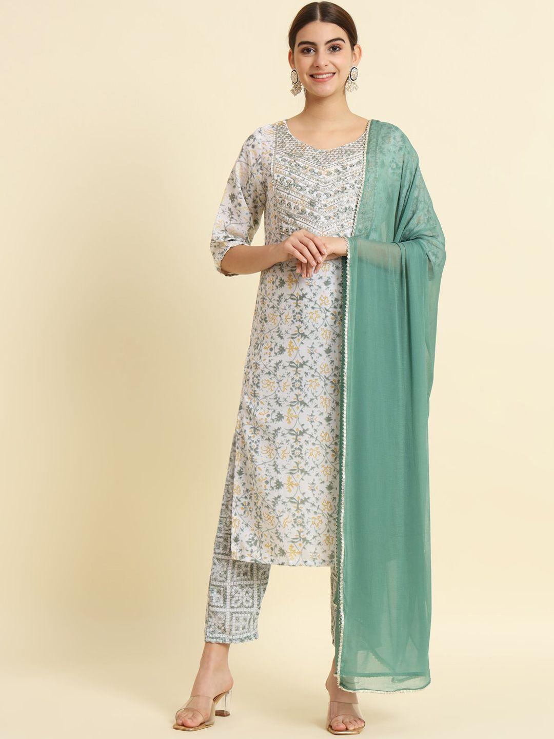 the52 floral printed thread work kurta with trousers & dupatta