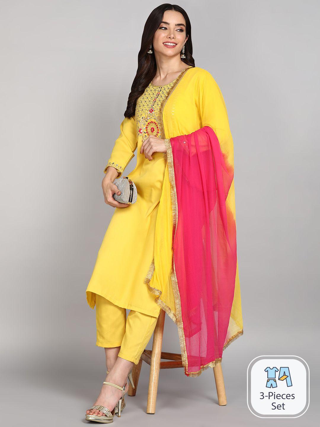 the52 floral yoke design mirror work straight kurta with trousers & dupatta