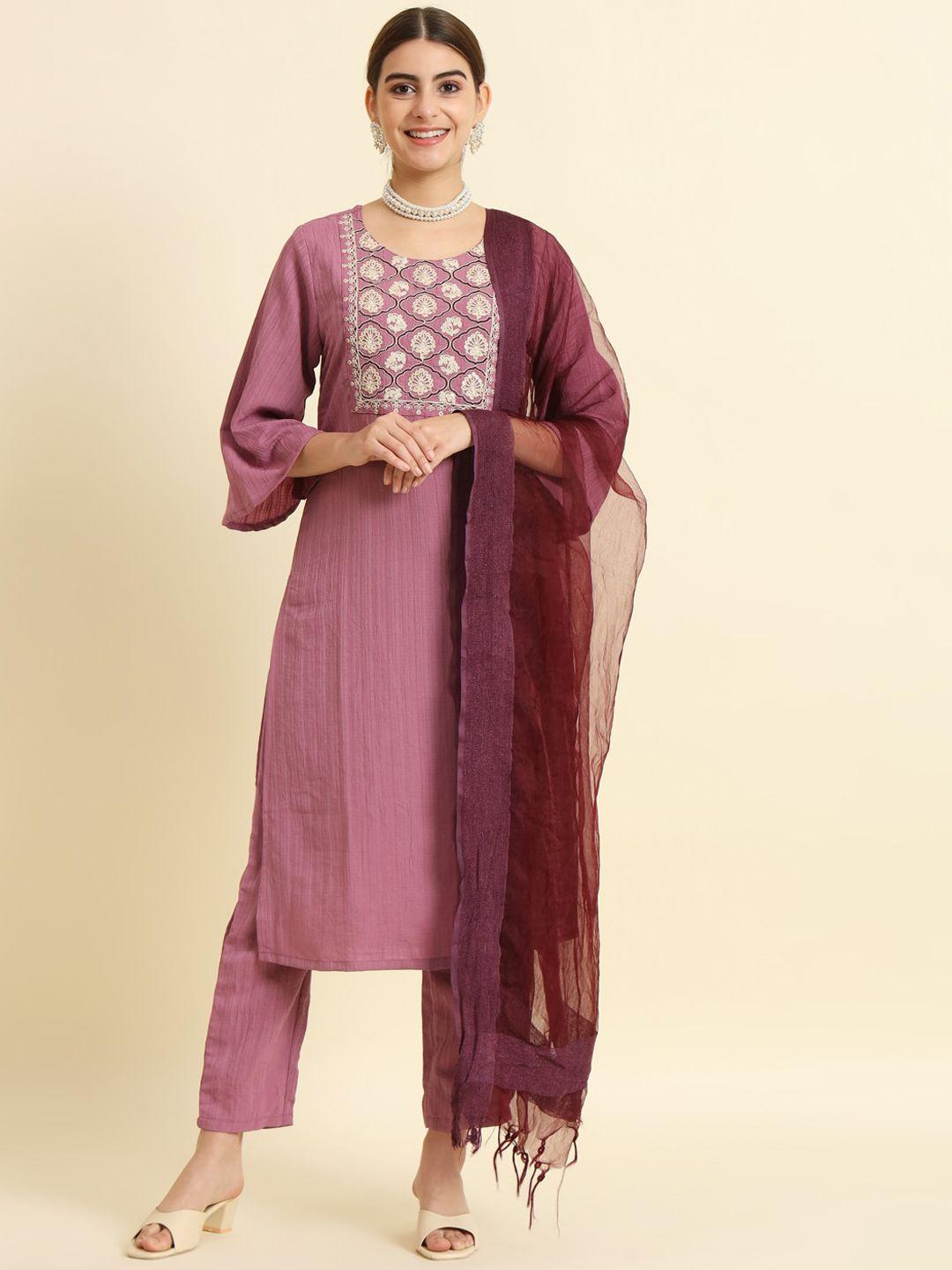 the52 floral yoke design regular thread work kurta with trousers & dupatta