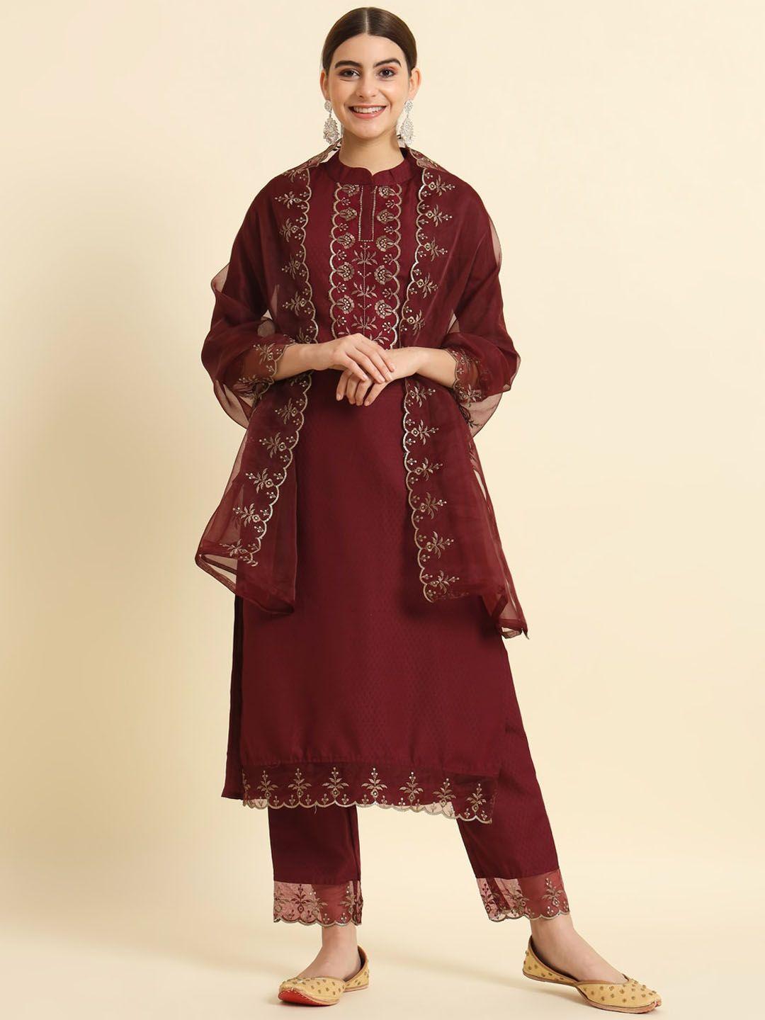 the52 floral yoke design regular thread work mandarin collar kurta with trousers & dupatta