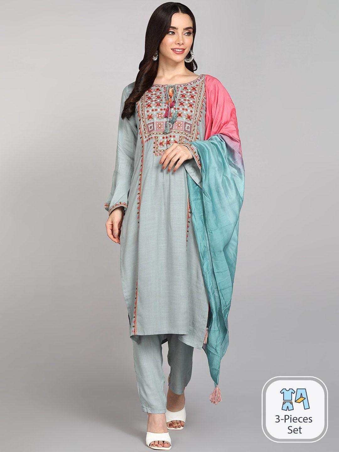 the52 floral yoke design thread work straight kurta with trousers & dupatta