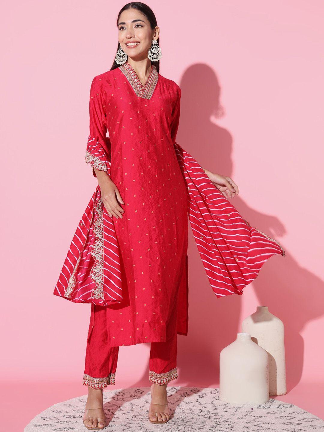 the52 geometric printed v-neck sequinned kurta with trousers & with dupatta