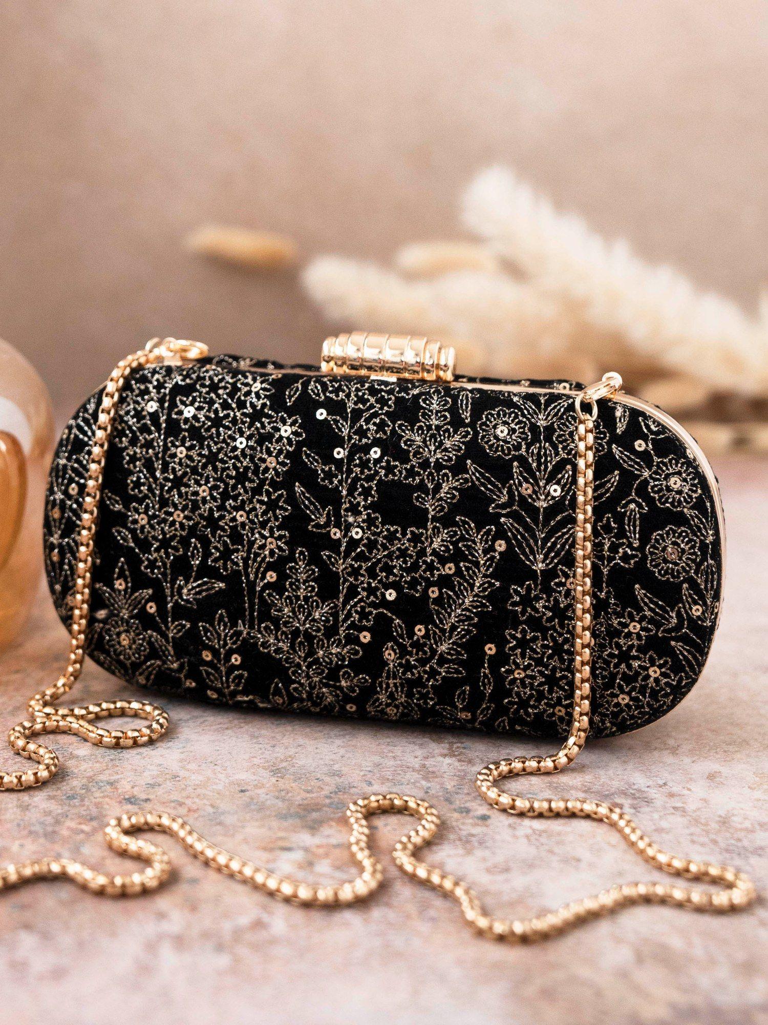 thea velvet embroidered clutch black