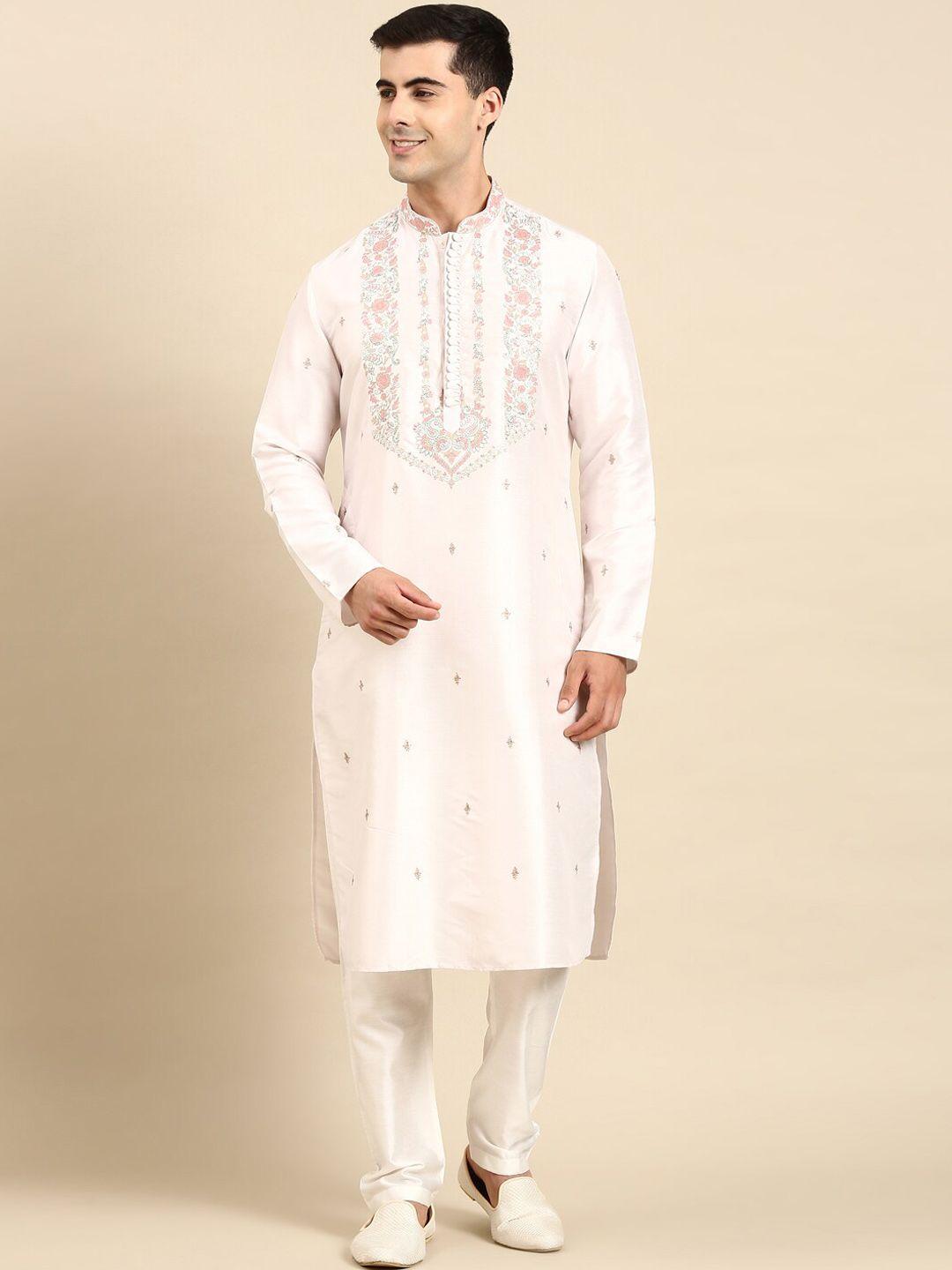 theethnic.co ethnic motifs embroidered mandarin collar long sleeves kurta with pyjamas