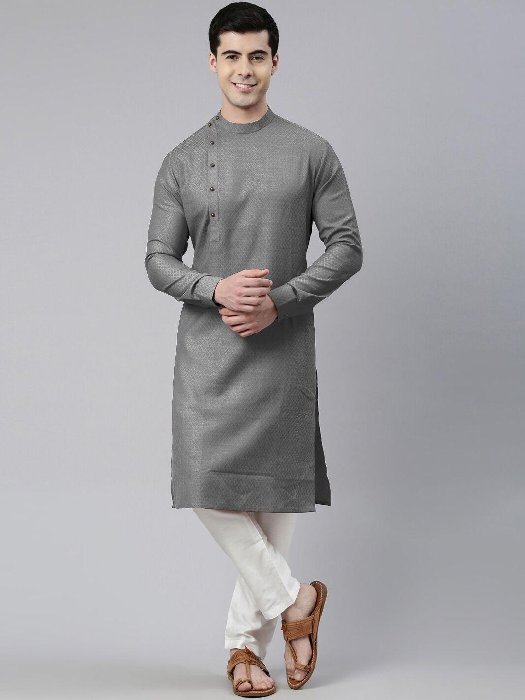 theethnic.co geometric woven design band collar pure cotton kurta with churidar
