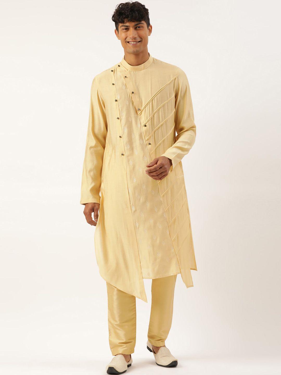 theethnic.co ethnic motifs embroidered band collar layered asymmetric kurta with pyjama