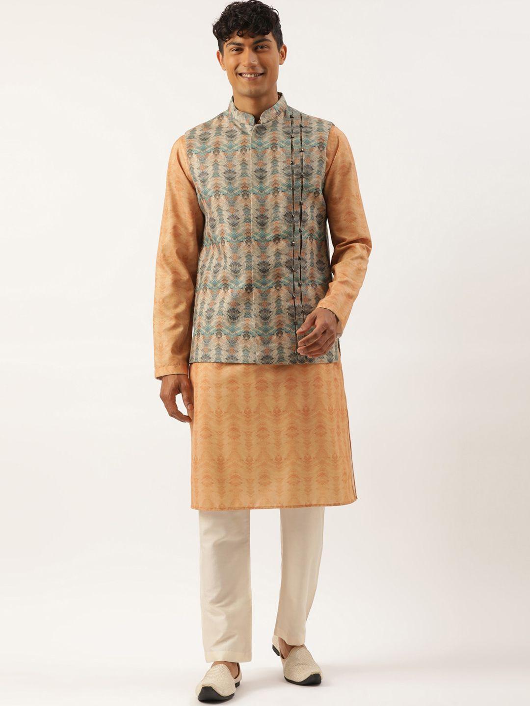 theethnic.co ethnic motifs printed straight kurta & pyjamas with nehru jacket