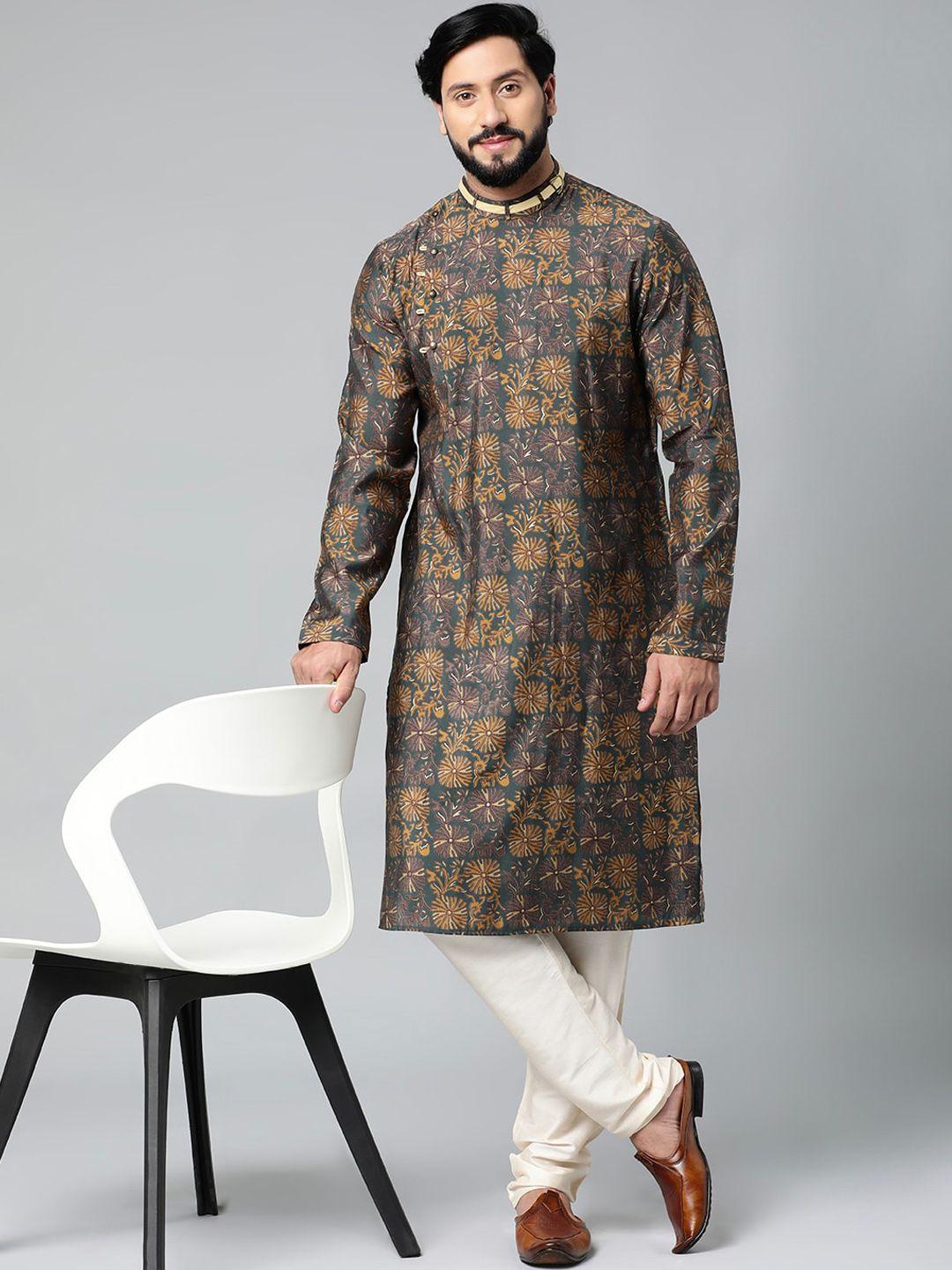 theethnic.co floral printed band collar regular pure cotton kurta with trousers
