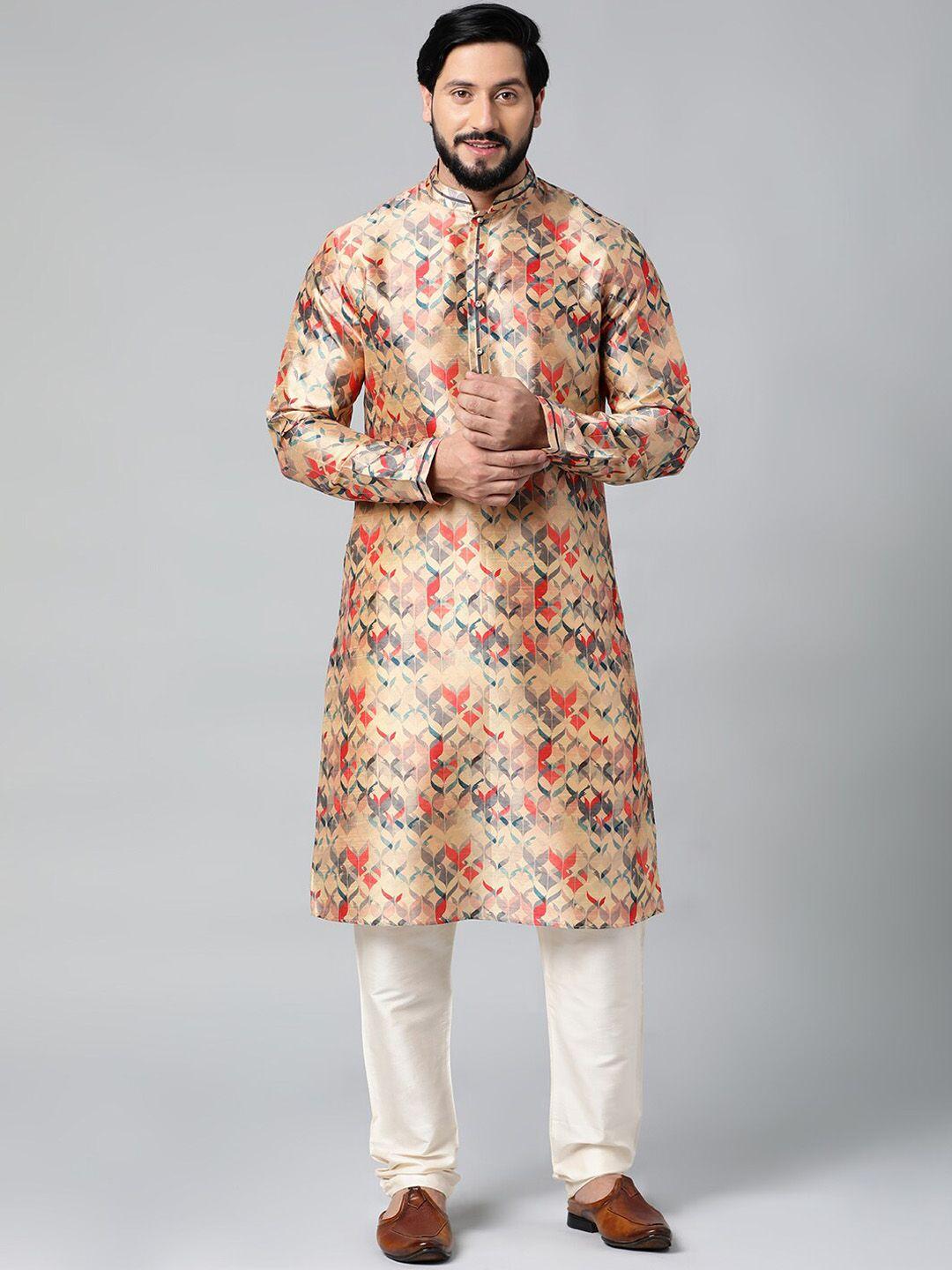 theethnic.co geometric printed mandarin collar art silk regular kurta with churidar