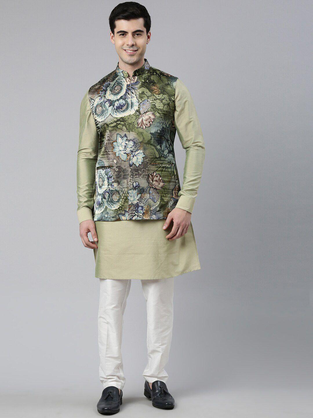 theethnic.co mandarin collar regular kurta with churidar with printed nehru jacket