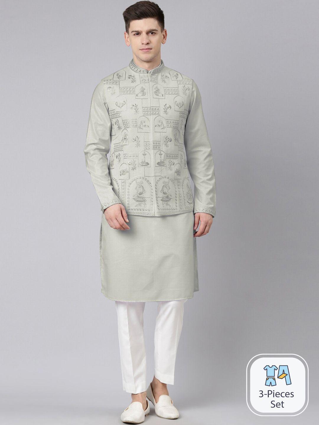 theethnic.co mandarin collar regular kurta with pyjama & embroidered nehru jacket