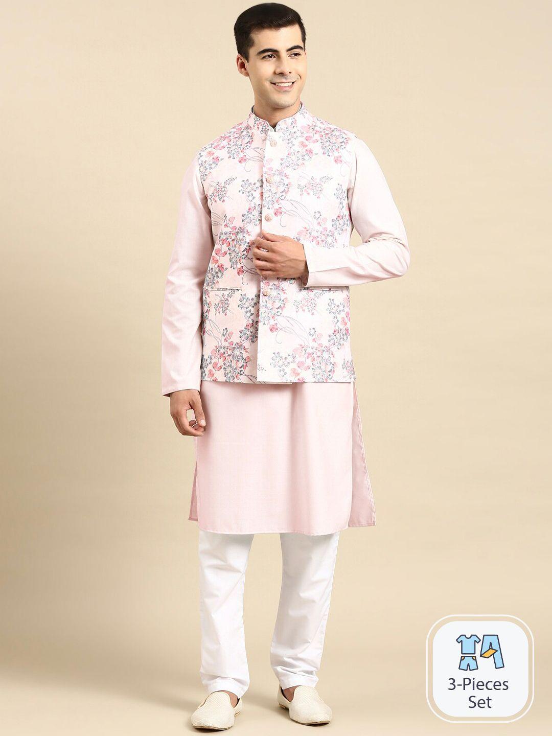 theethnic.co mandarin collar straight kurta & pyjamas with printed nehru jacket