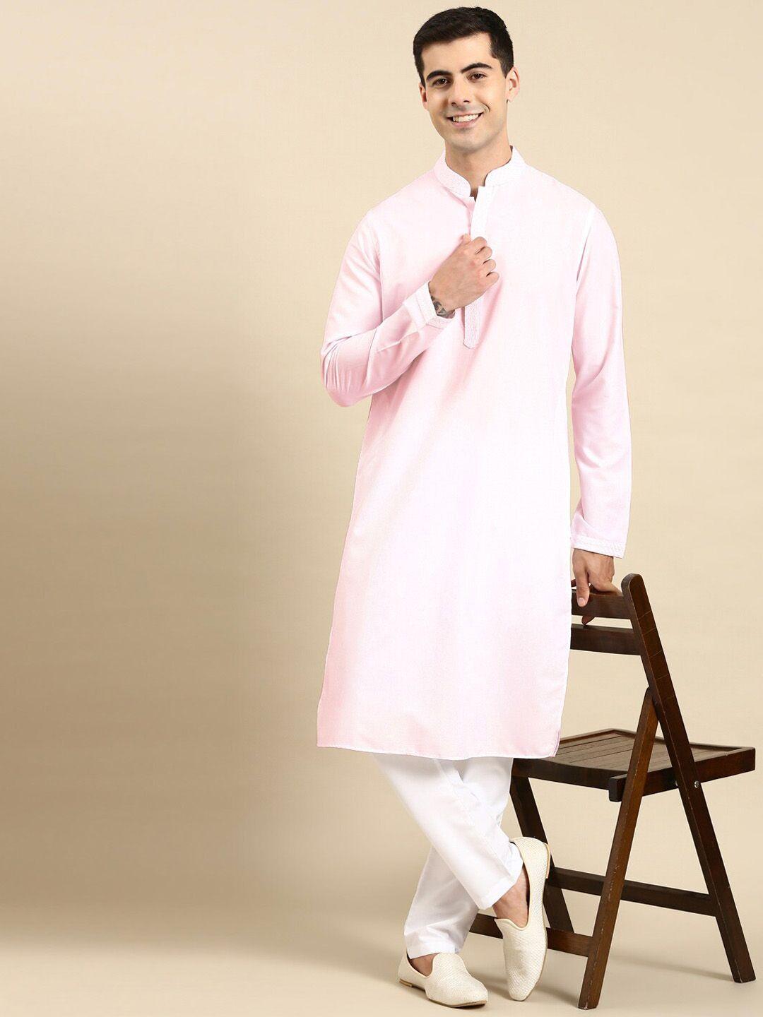 theethnic.co mandarin collar thread work pure cotton straight kurta with pyjamas