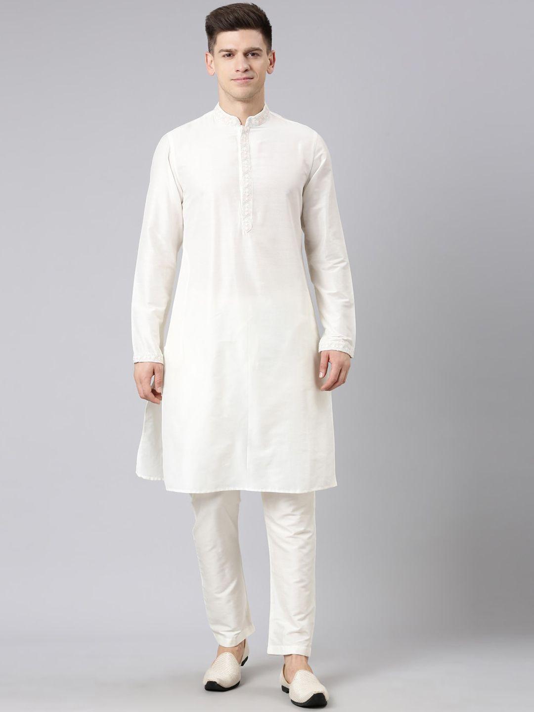 theethnic.co mandarin collar thread work white romance cotton straight kurta