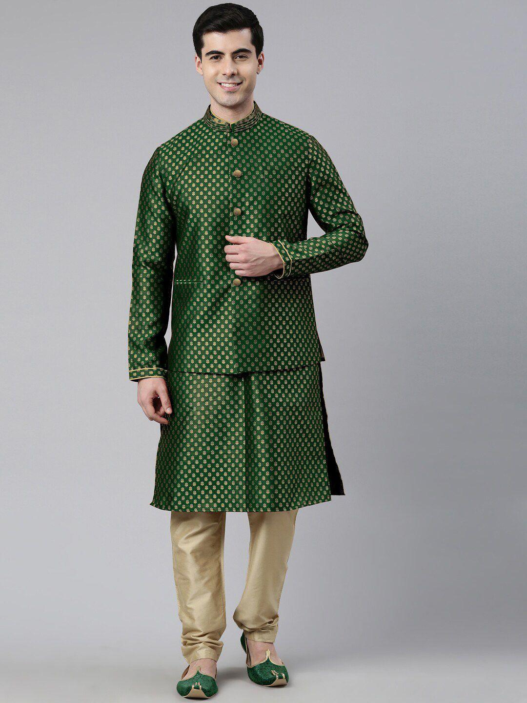 theethnic.co men ethnic motifs woven design straight kurta with churidar & nehru jacket