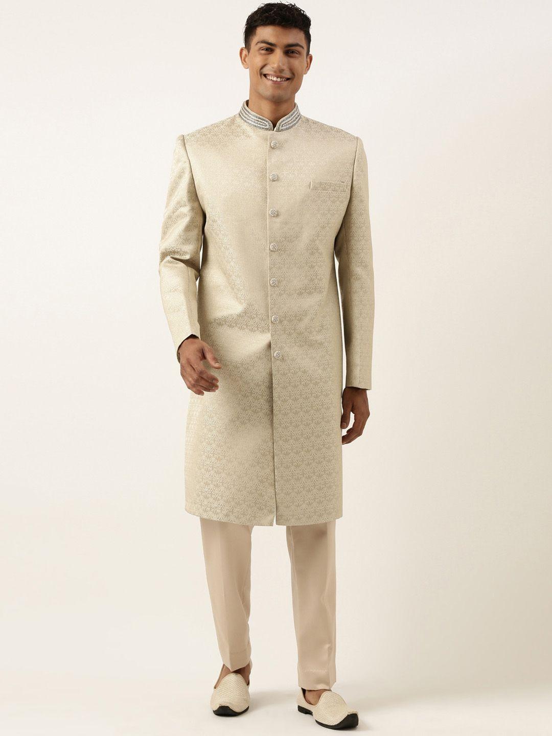 theethnic.co men jacquard woven-design sherwani trouser set