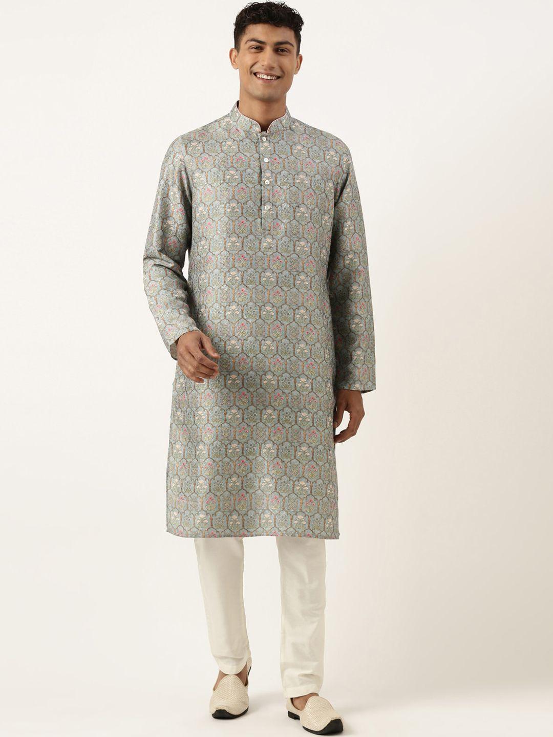 theethnic.co men teal floral embroidered regular kurta with pyjamas