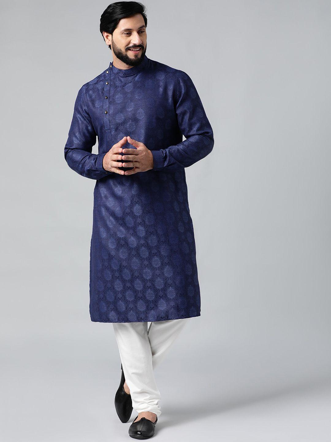 theethnic.co woven design mandarin collar angrakha indigo cotton straight kurta
