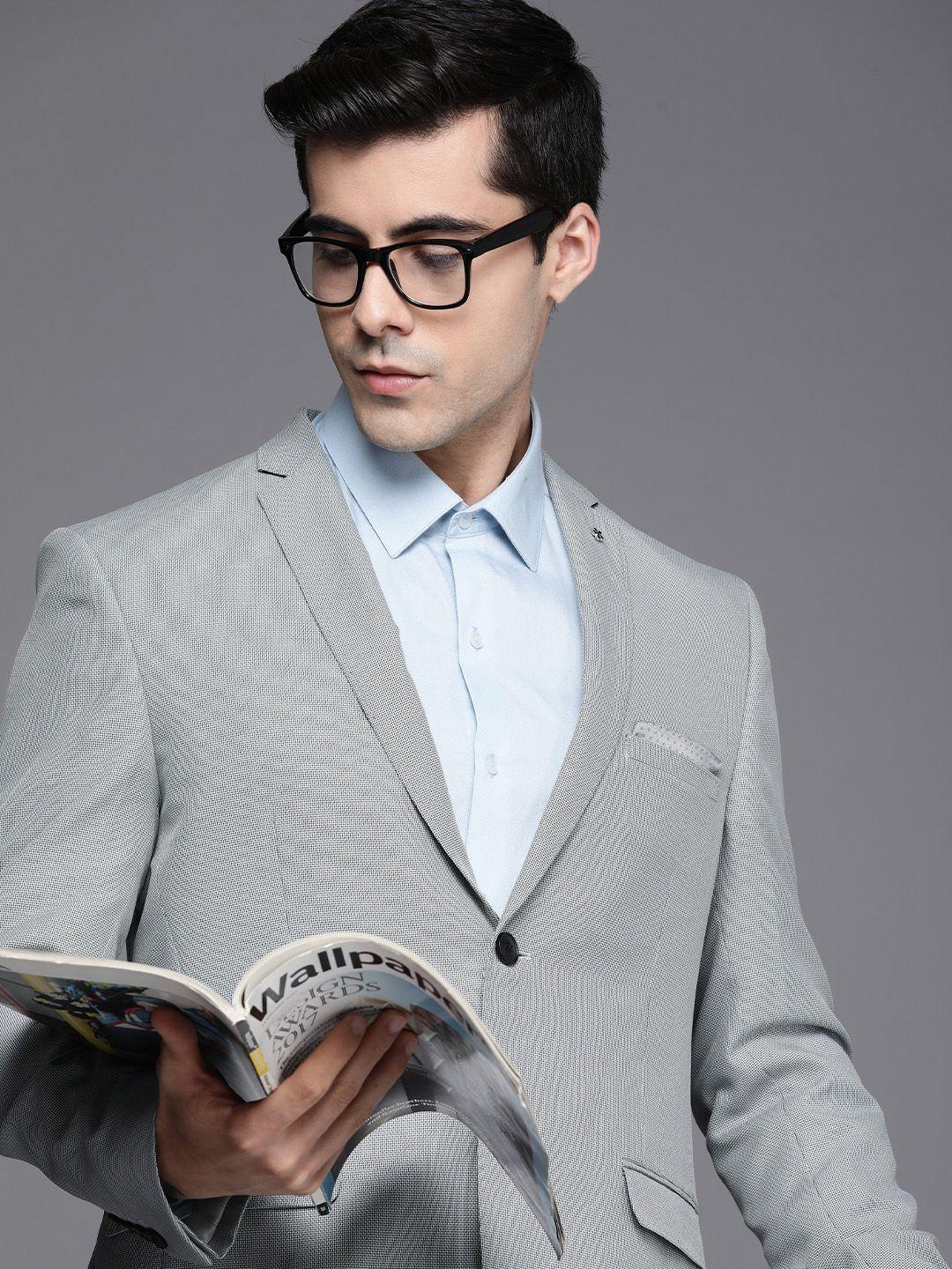 theme men grey self design slim fit formal blazer