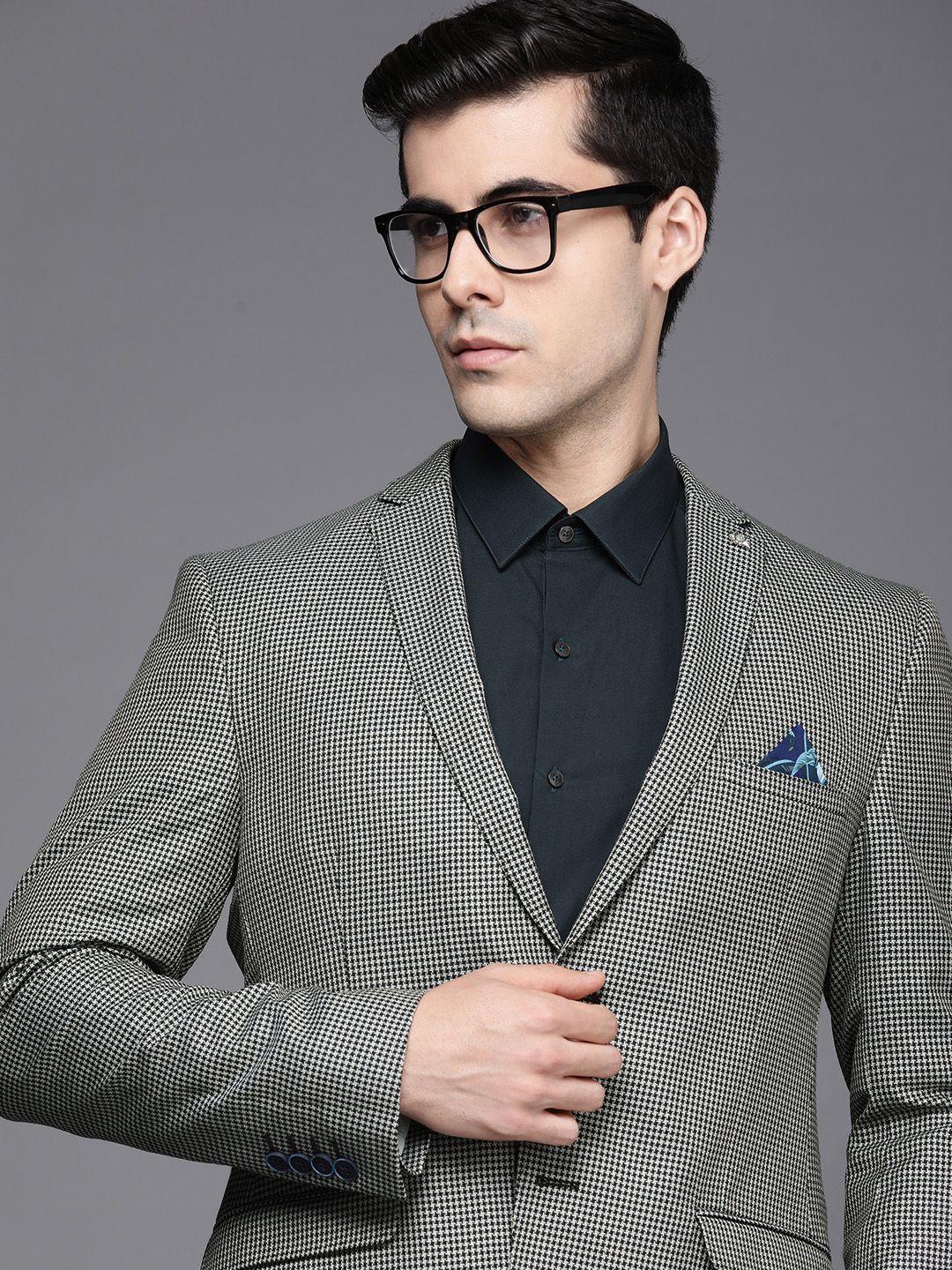 theme men navy blue & grey self design slim fit formal blazer