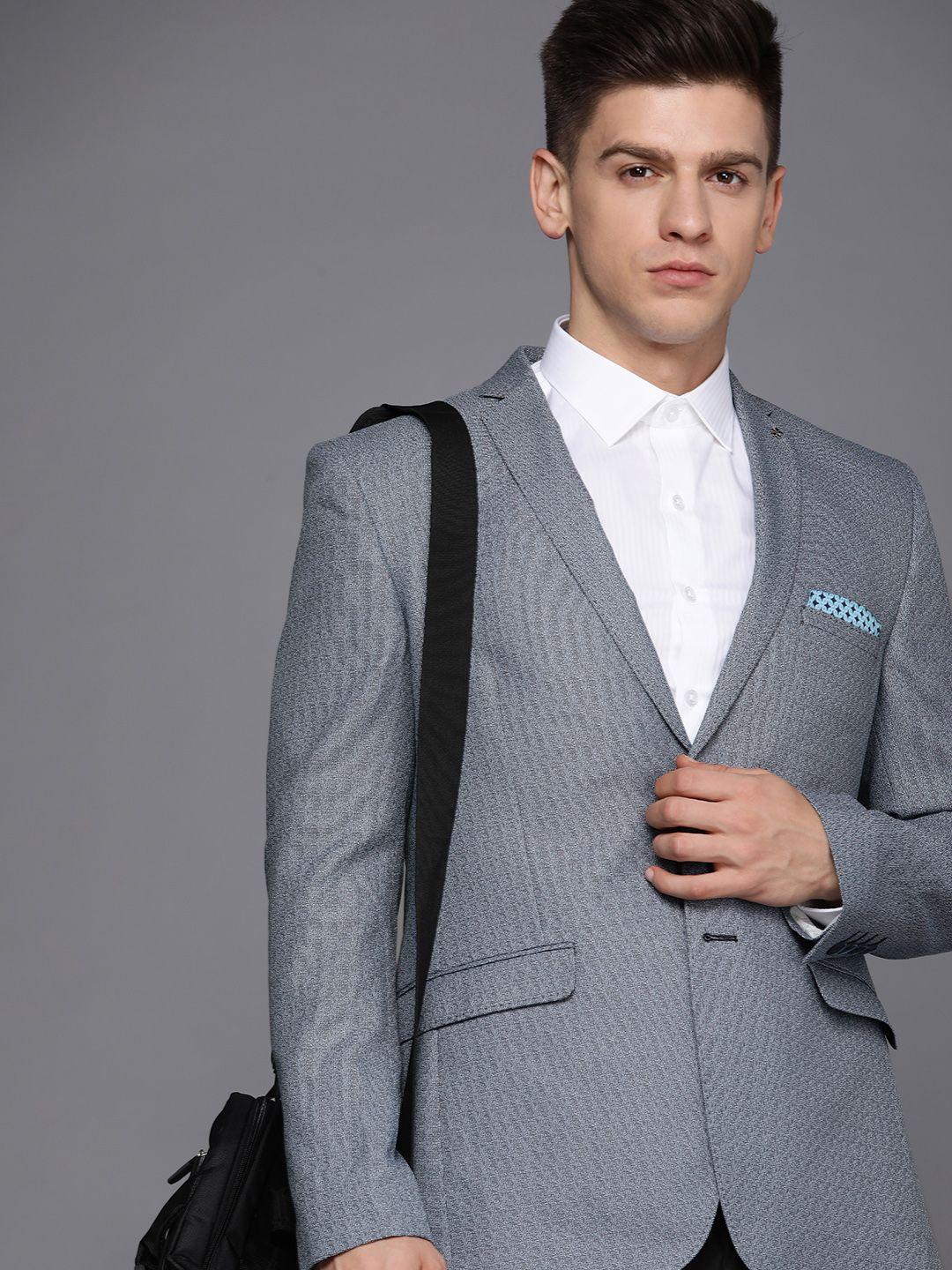 theme men navy blue & grey self design slim fit formal blazer