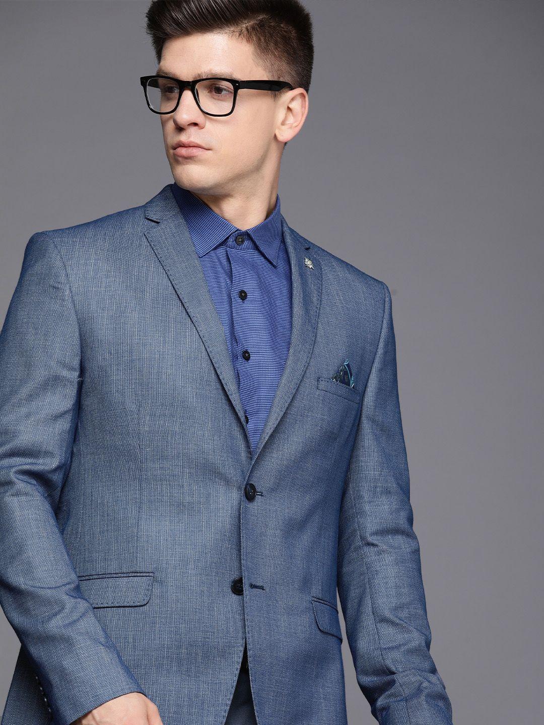 theme men blue solid slim fit blazer