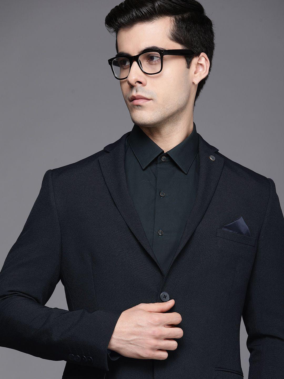 theme men navy blue solid slim fit formal blazer