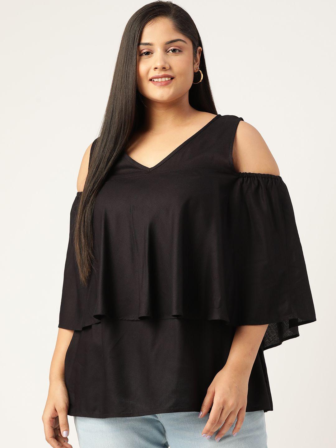 therebelinme plus size black solid layered top