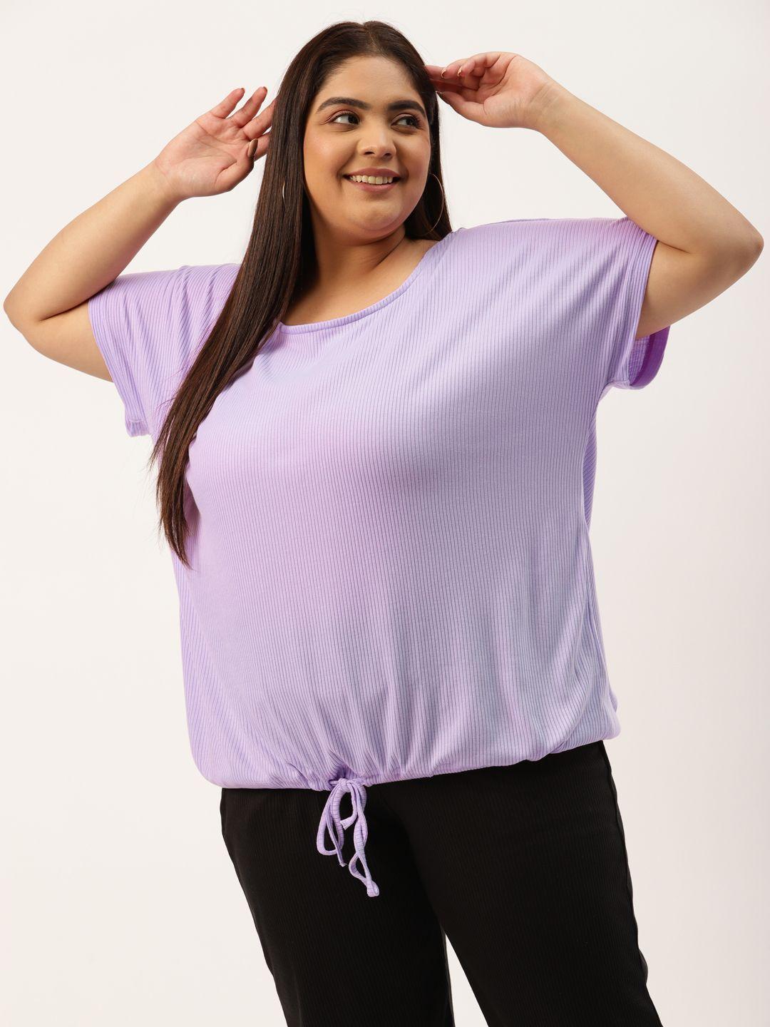 therebelinme plus size lavender self striped blouson top with waist tie-ups