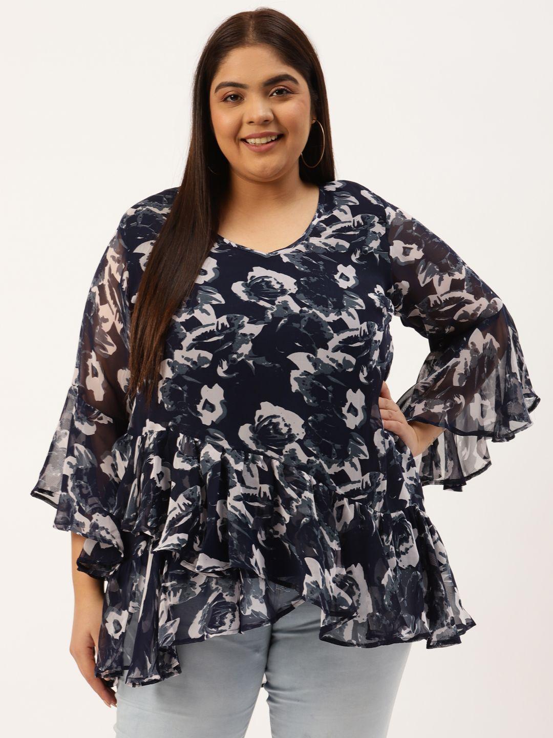 therebelinme plus size navy blue & grey floral print layered georgette longline wrap top