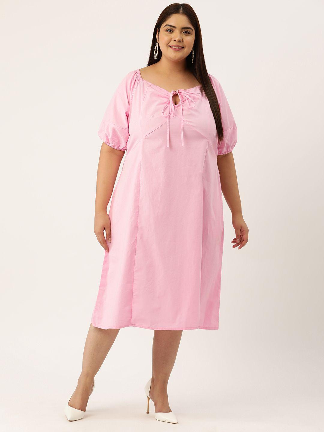 therebelinme plus size tie-up neck puff sleeve a-line cotton midi dress