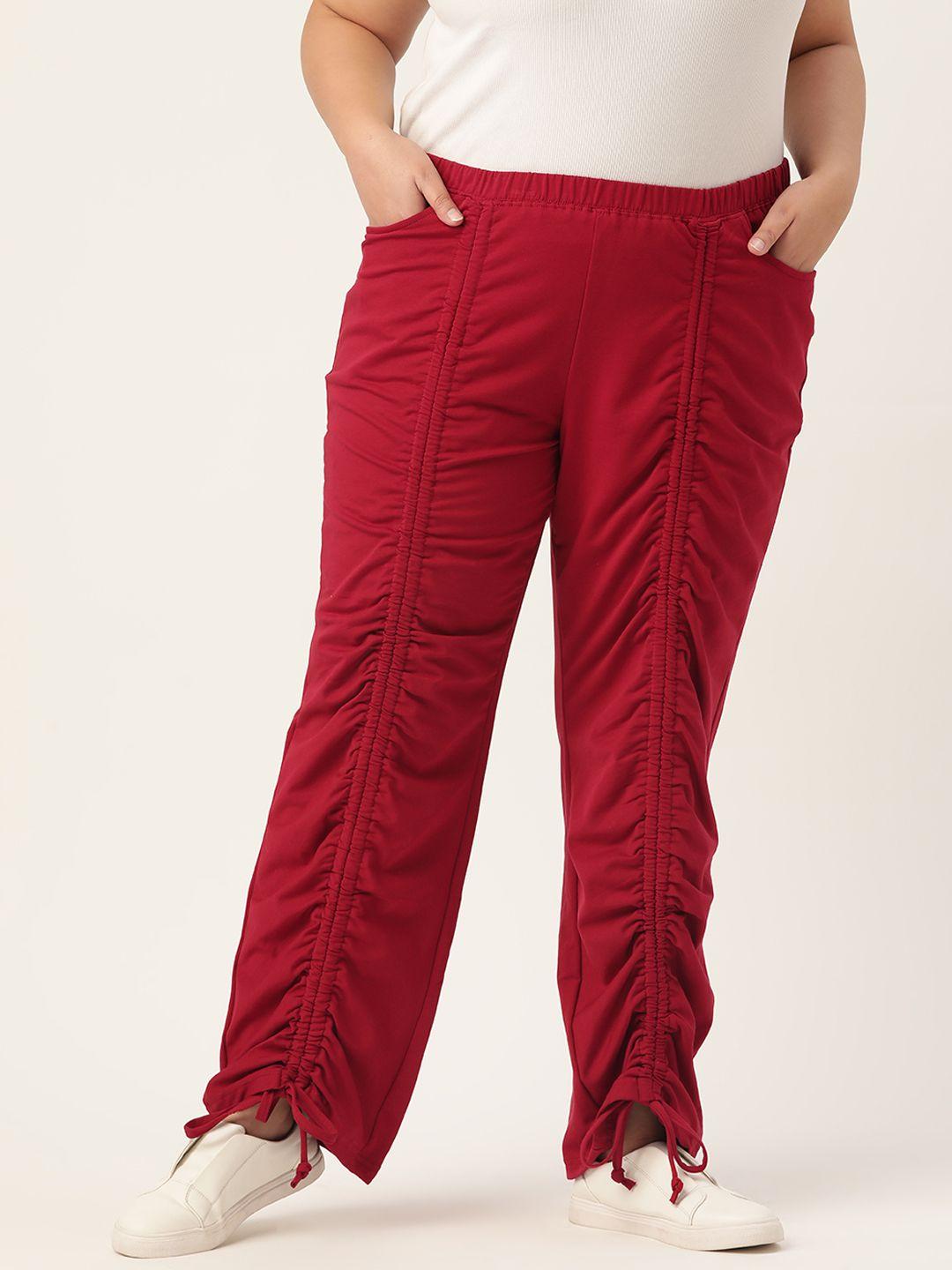 therebelinme plus size women maroon relaxed straight fit high-rise pleated trousers