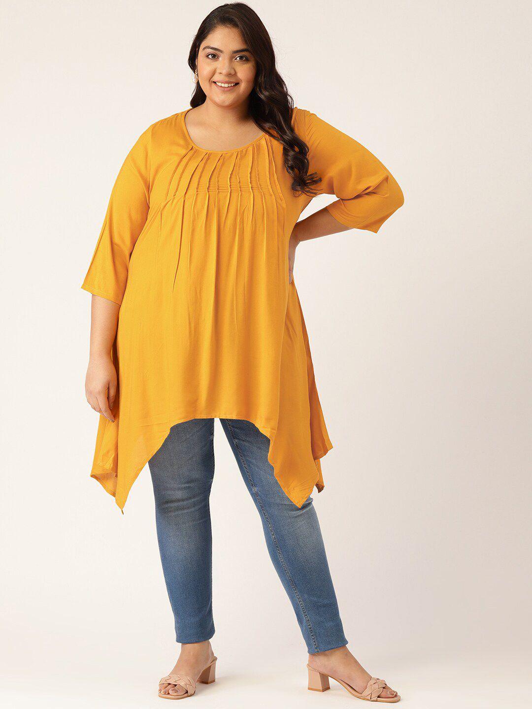 therebelinme plus size women mustard yellow solid front pleated longline top
