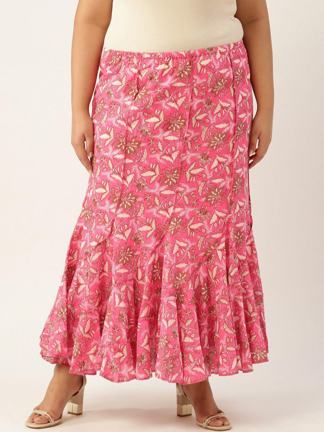 therebelinme plus size women pink printed pure cotton maxi flared skirt