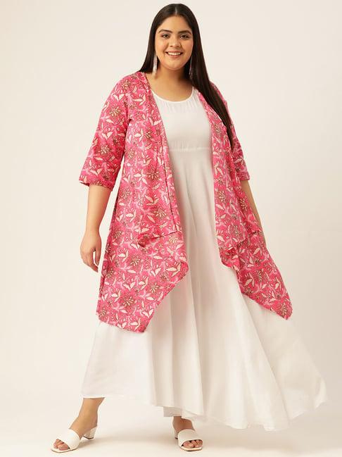 therebelinme white & fuchsia cotton floral print maxi dress with shrug
