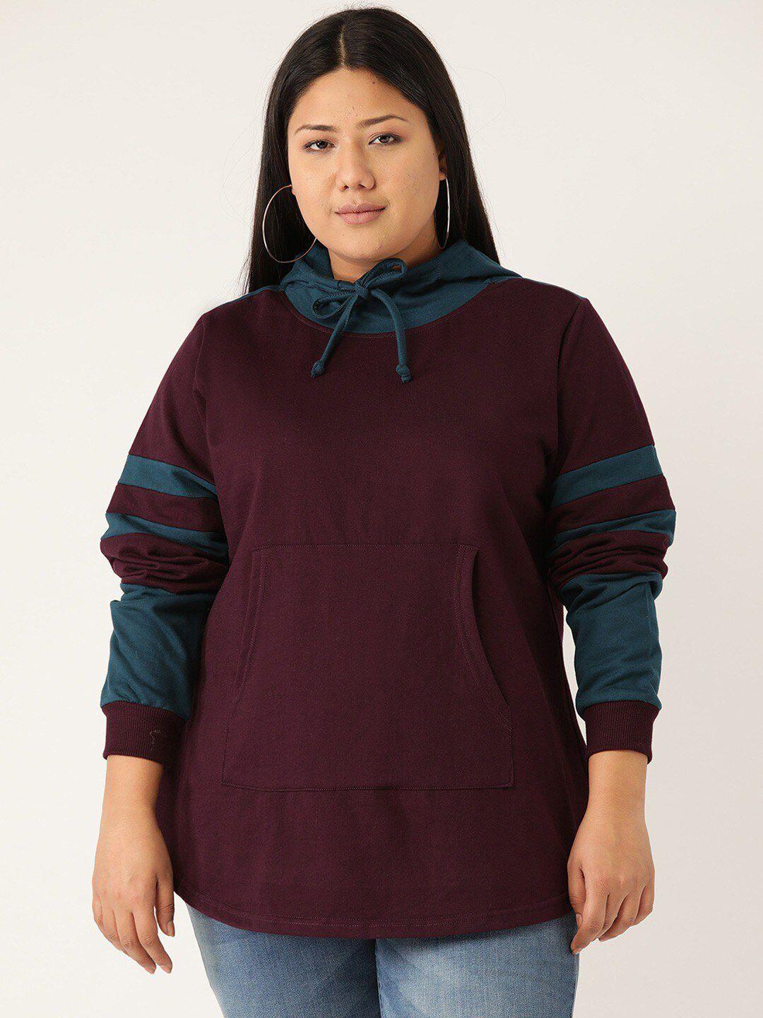 therebelinme women burgundy & blue colourblocked hooded sweatshirt