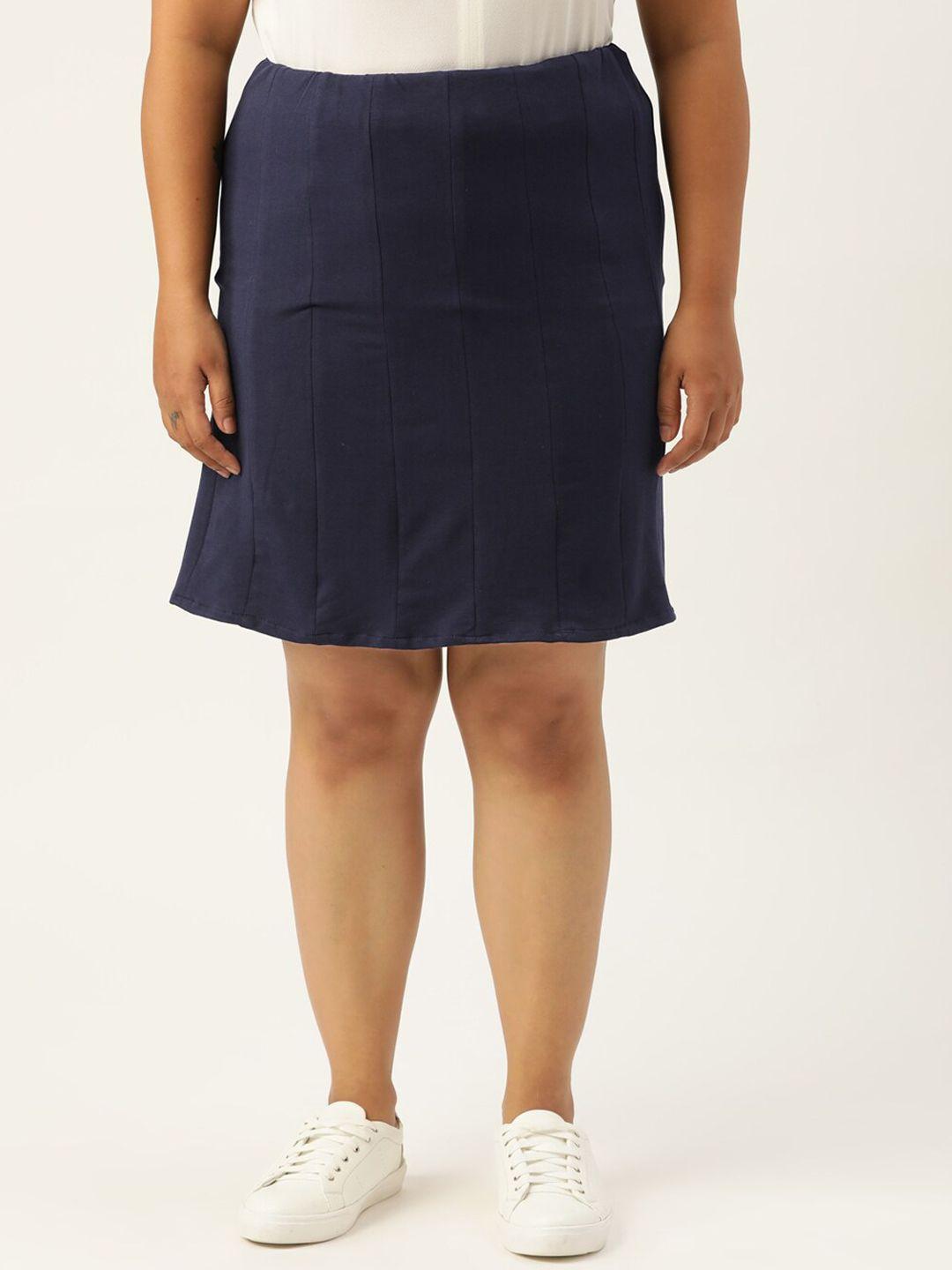 therebelinme women navy blue solid above knee length a-line cotton skirt