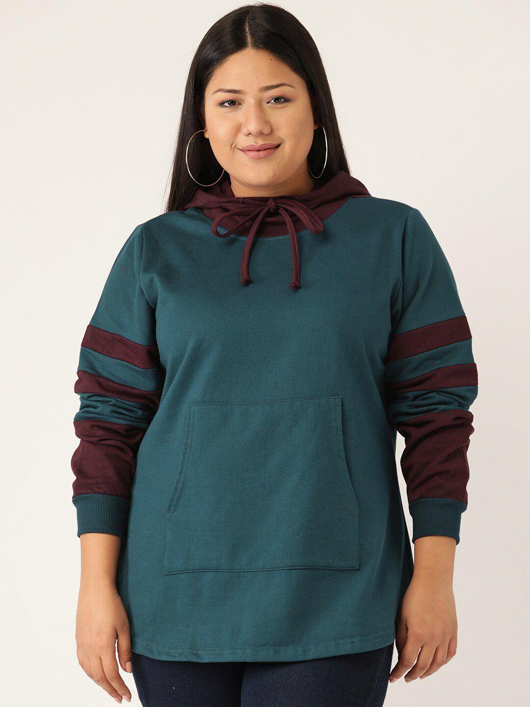 therebelinme women teal green & burgundy colourblocked hooded sweatshirt