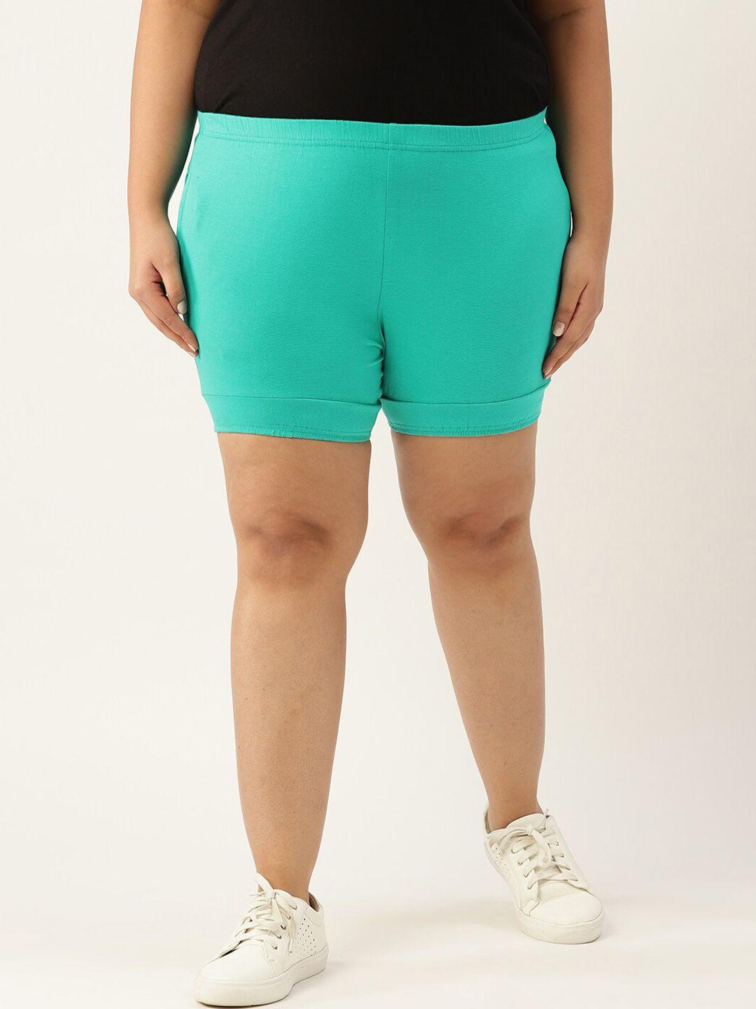 therebelinme women turquoise blue solid cotton high-rise yoga shorts