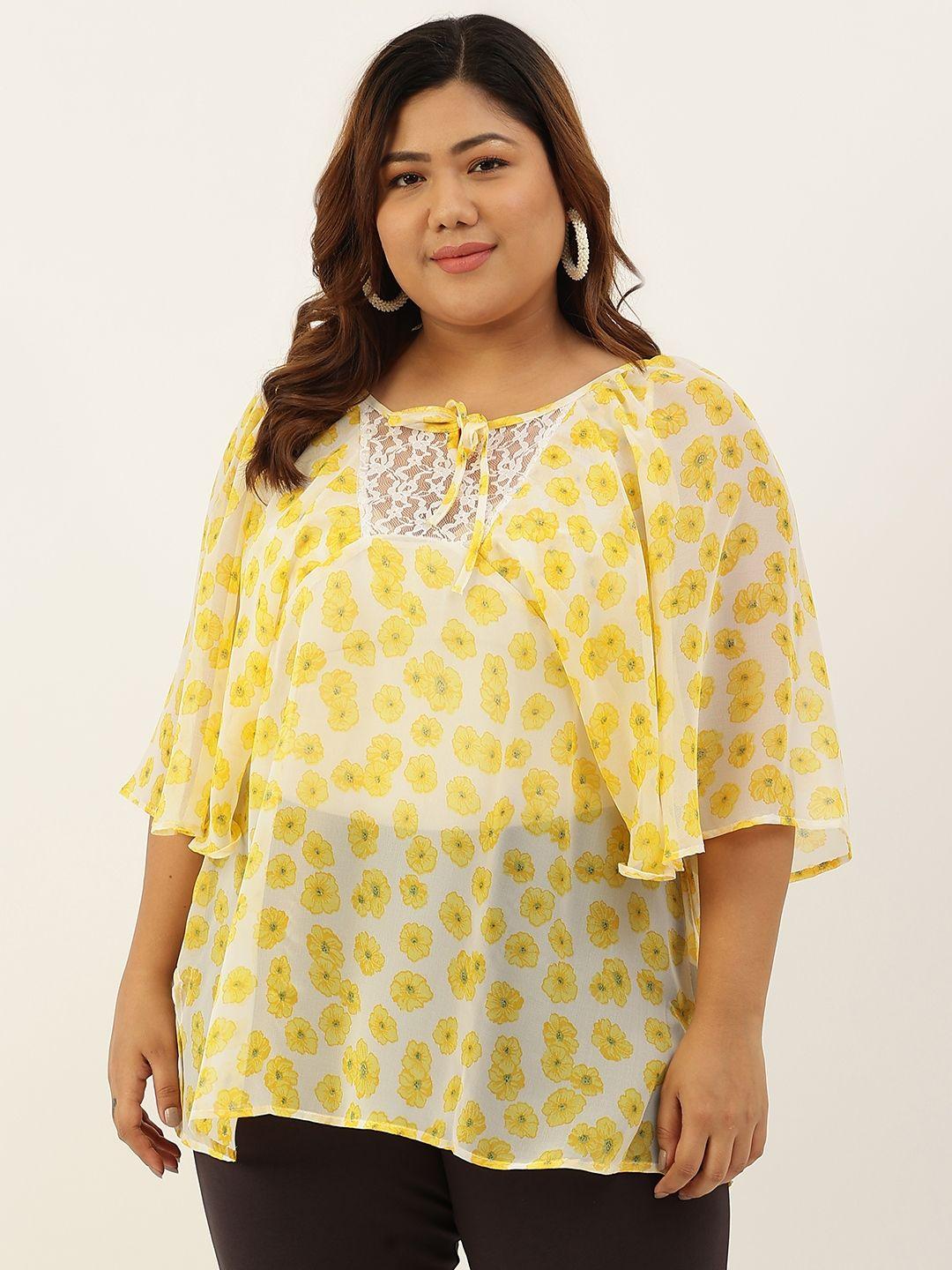 therebelinme yellow & off white floral print tie-up neck plus size georgette layered top