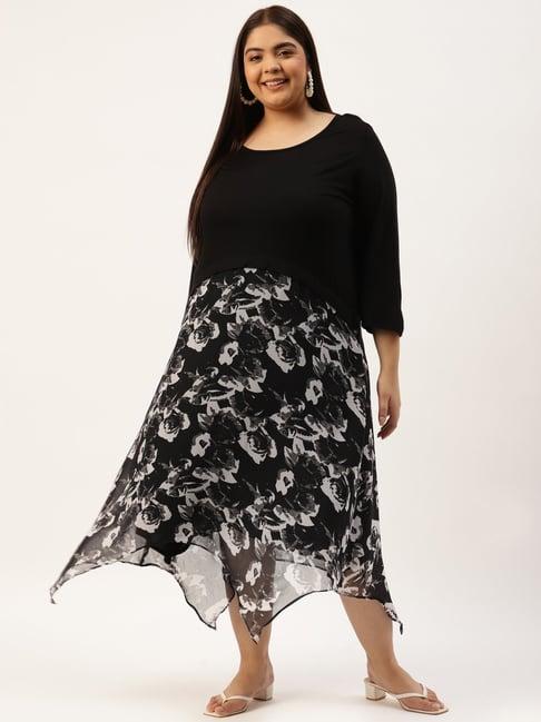 therebelinme black & off white floral print high-low dress